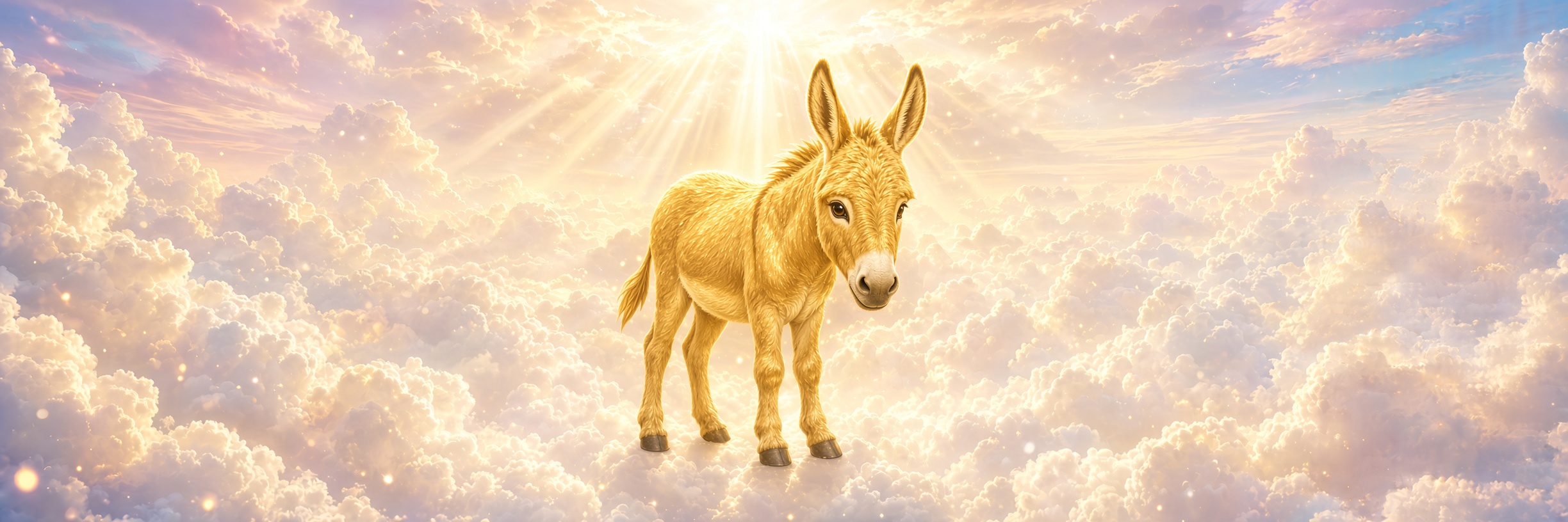 HeeHaw Coin banner — golden donkey standing in the clouds